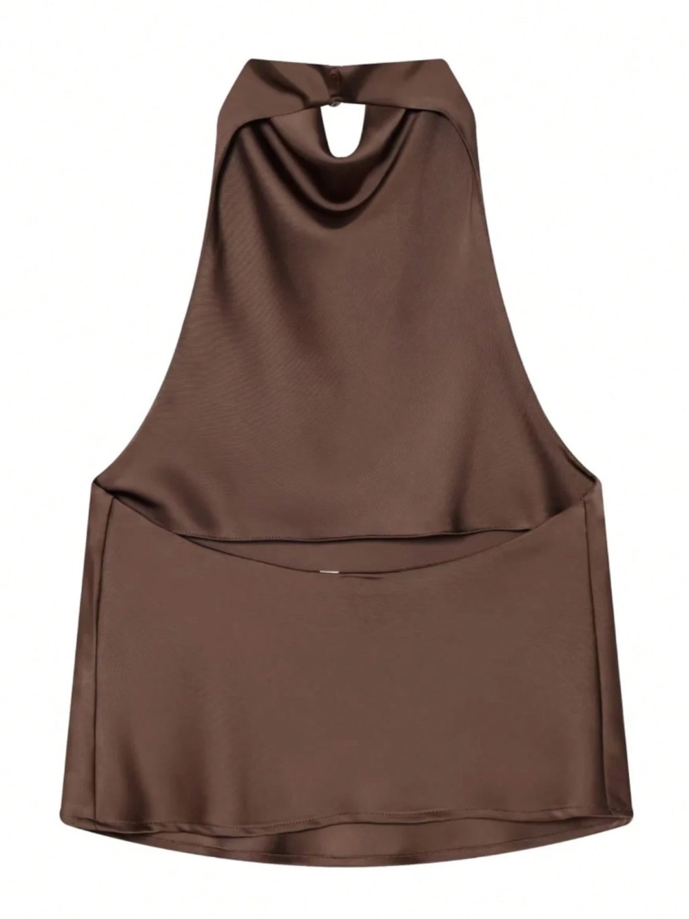 Brown Satin Cowl Halter Draped Neck Low Back Blouse Top - Picture 11 of 12